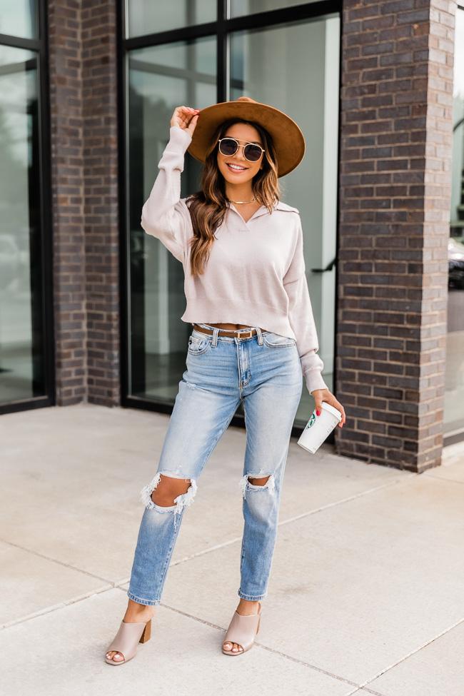 In-between You And Me Beige Collared V-Neck Sweater