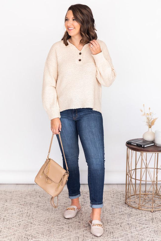 Gone For Tonight Cream Collared Henley Sweater