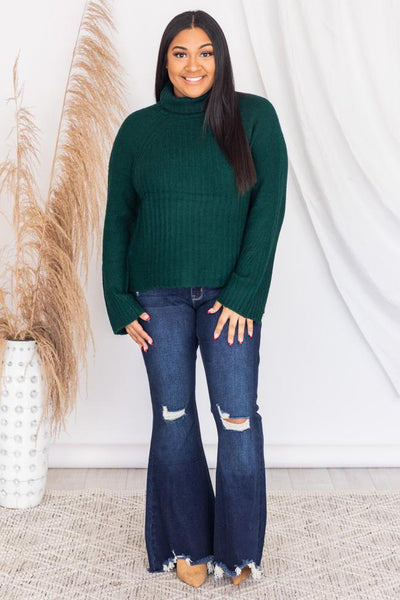 Meet On Main Street Green Ribbed Turtleneck Sweater