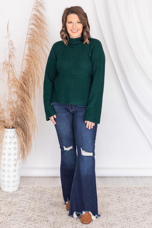 Meet On Main Street Green Ribbed Turtleneck Sweater