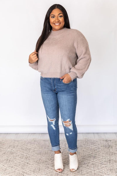 Wish For The Best Taupe Fuzzy Mock Neck Sweater