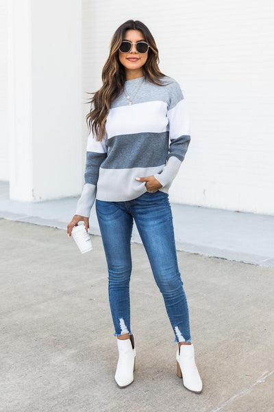 Daring Attitude Grey Striped Fitted Sweater