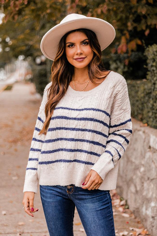 Forever More Navy Cable Knit Striped Sweater