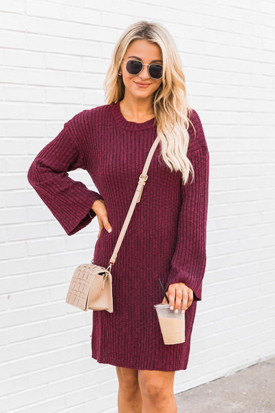 Decide My Path Ribbed Bell Sleeve Burgundy Sweater Dress