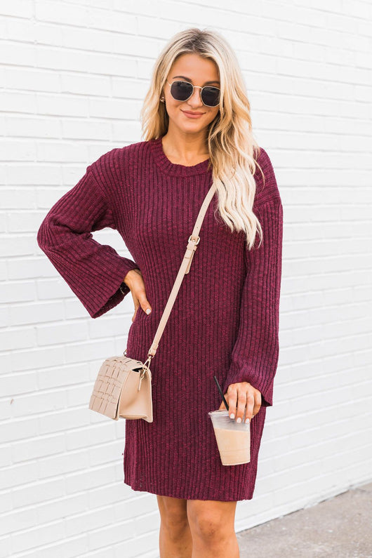 Decide My Path Ribbed Bell Sleeve Burgundy Sweater Dress