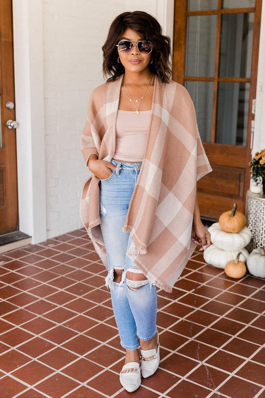 Behind The Scenes Tan Plaid Poncho