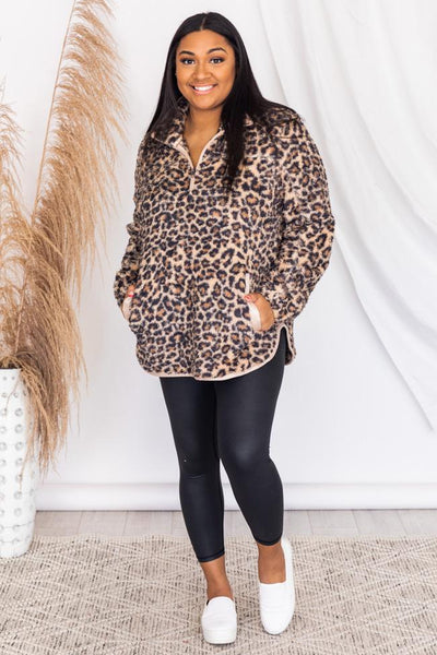 Around The Clock Animal Print Quarter Zip Sherpa Pullover