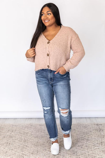 Under The Streetlights Taupe Button Up Textured Cardigan