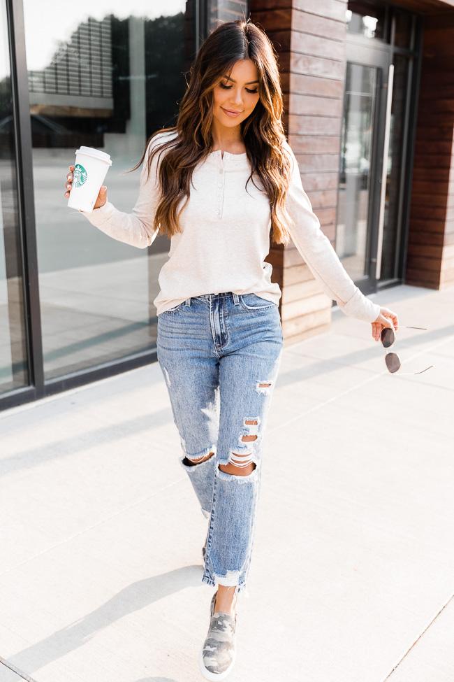 Unbelievable Story Henley Oatmeal Blouse