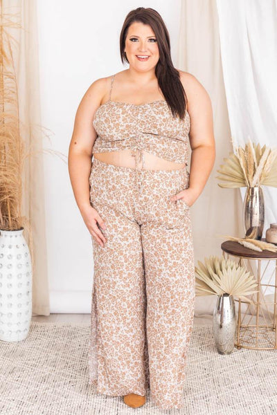 One To Remember Mocha Floral Ruched Cropped Blouse FINAL SALE