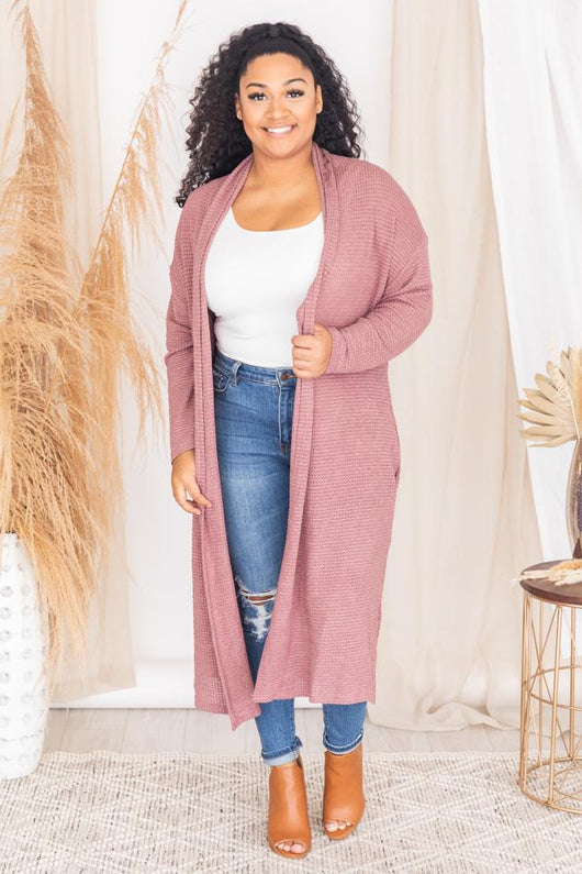 First Choice Mauve Waffle Knit Duster Cardigan