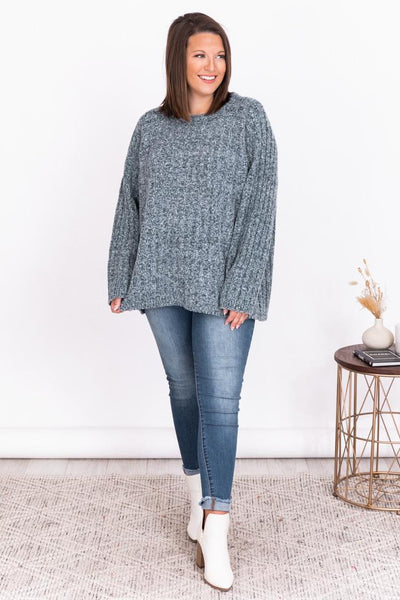 Next Step Blue Fuzzy Ribbed Sweater