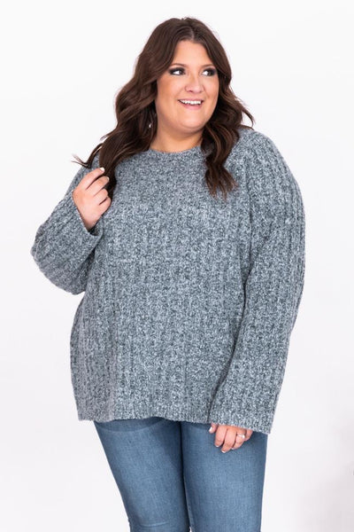 Next Step Blue Fuzzy Ribbed Sweater