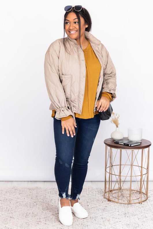 Midnight Shadows Beige Quilted Bomber Jacket