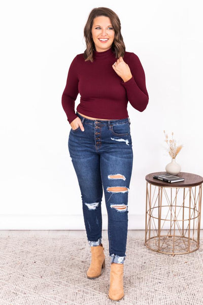 Breaking Promises Burgundy Mock Neck Ribbed Blouse
