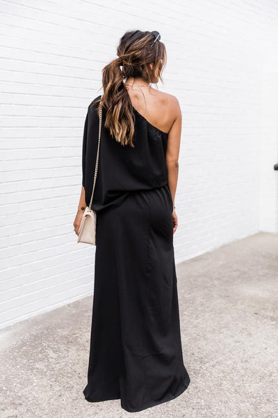 Found My Forever Black One Shoulder Maxi Dress