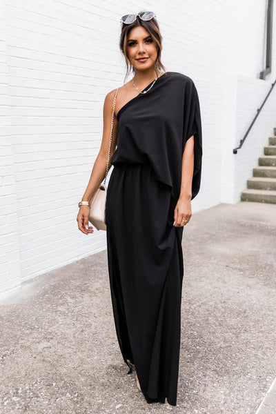 Found My Forever Black One Shoulder Maxi Dress