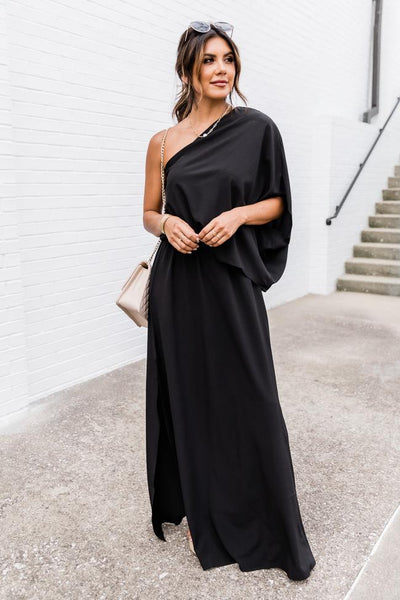 Found My Forever Black One Shoulder Maxi Dress