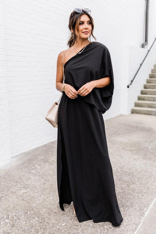 Found My Forever Black One Shoulder Maxi Dress