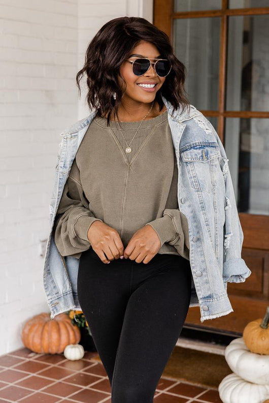 Lifetime Together Olive Cropped Mineral Wash Pullover