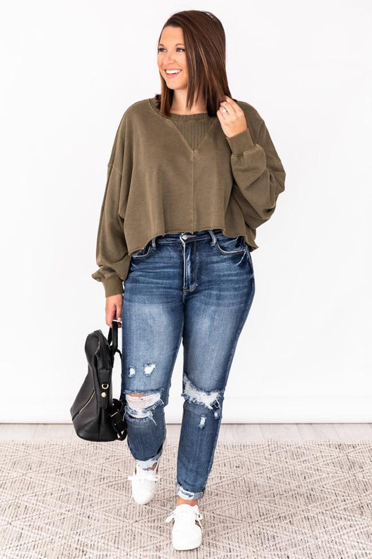 Lifetime Together Olive Cropped Mineral Wash Pullover