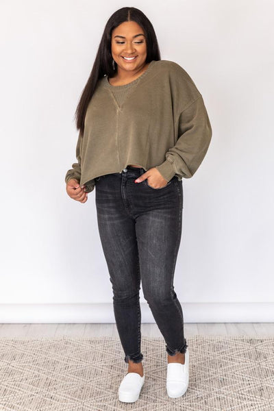 Lifetime Together Olive Cropped Mineral Wash Pullover