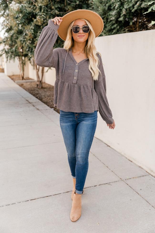 Sweet Gesture Charcoal Waffle Knit Peplum Hooded Blouse