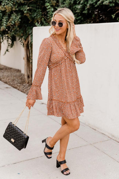 All Night Romance Rust Ruffle Printed Dress FINAL SALE