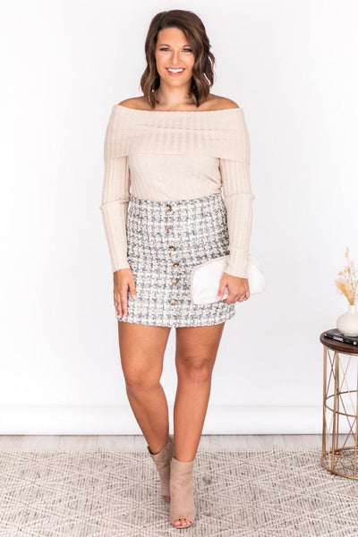 CAITLIN COVINGTON X PINK LILY The Mimi Button Front Grey Tweed Skirt PRE-ORDER