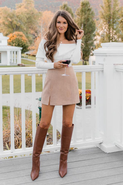 CAITLIN COVINGTON X PINK LILY The Ella Side Slit Tan Suede Skirt