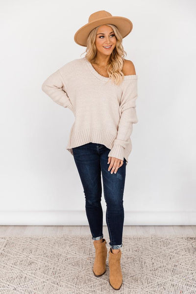 CAITLIN COVINGTON X PINK LILY The Kelsey Wide Neck Taupe Sweater