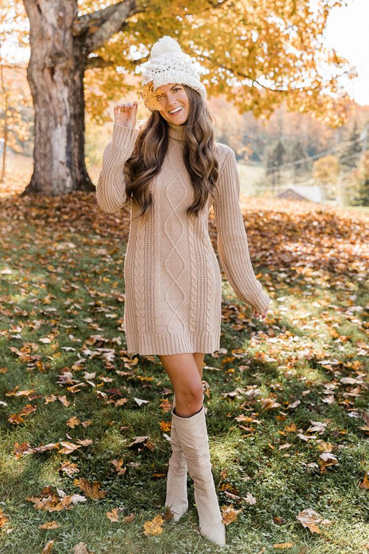 CAITLIN COVINGTON X PINK LILY The Carla Mocha Cable Knit Sweater Dress