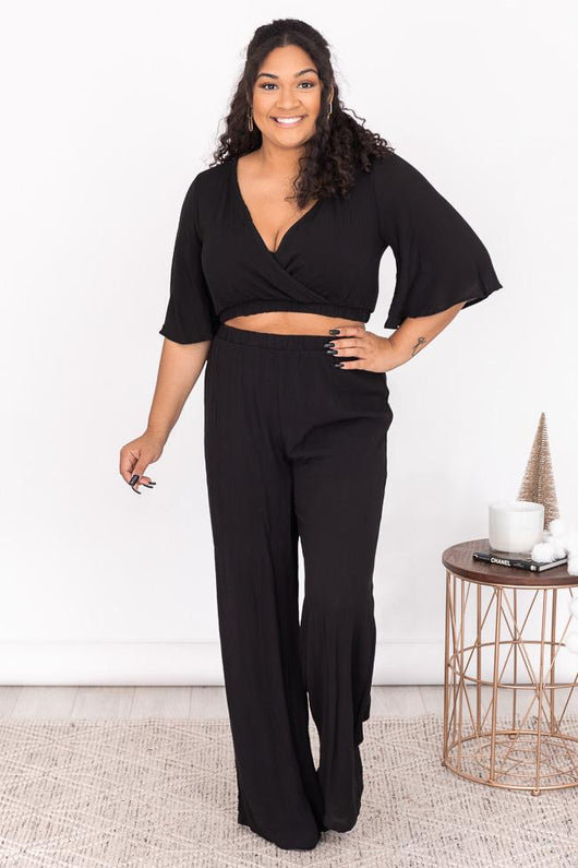 Phone Call Away Black Wrap Cropped Blouse
