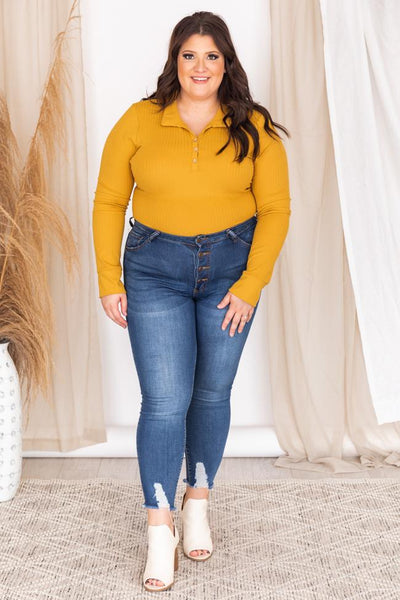Singing Together Mustard Collared Ribbed Bodysuit