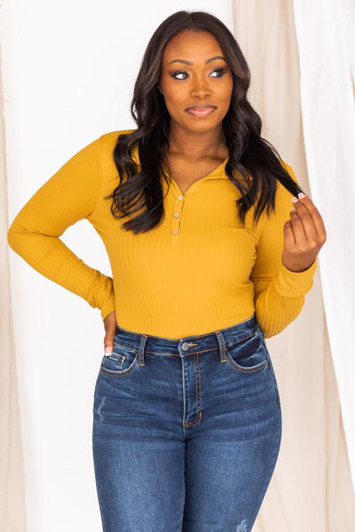 Singing Together Mustard Collared Ribbed Bodysuit