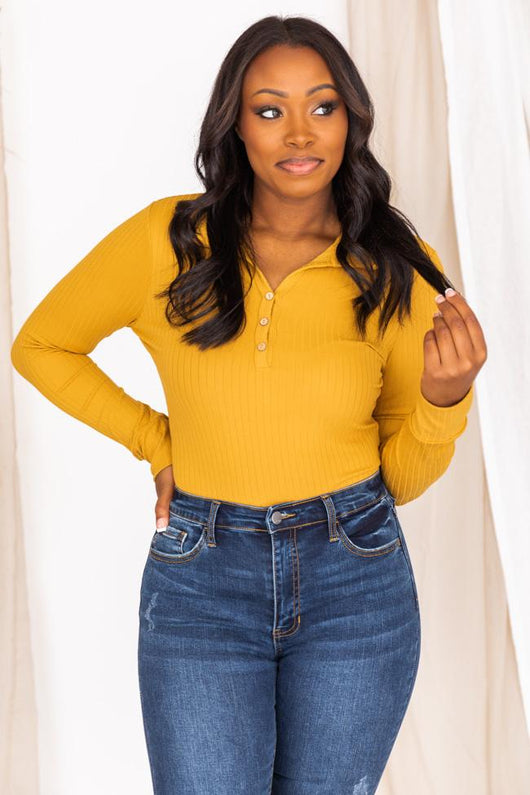 Singing Together Mustard Collared Ribbed Bodysuit