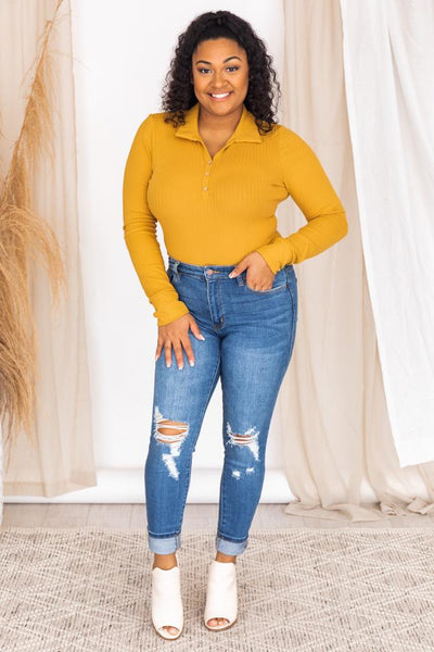 Singing Together Mustard Collared Ribbed Bodysuit