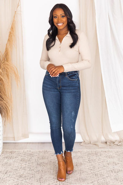 Singing Together Taupe Collared Ribbed Bodysuit