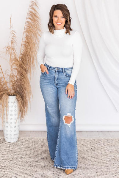 Daily Efforts White Long Sleeve Ribbed Turtleneck Bodysuit