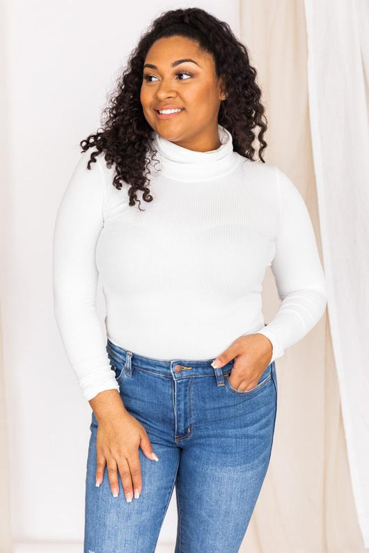 Daily Efforts White Long Sleeve Ribbed Turtleneck Bodysuit