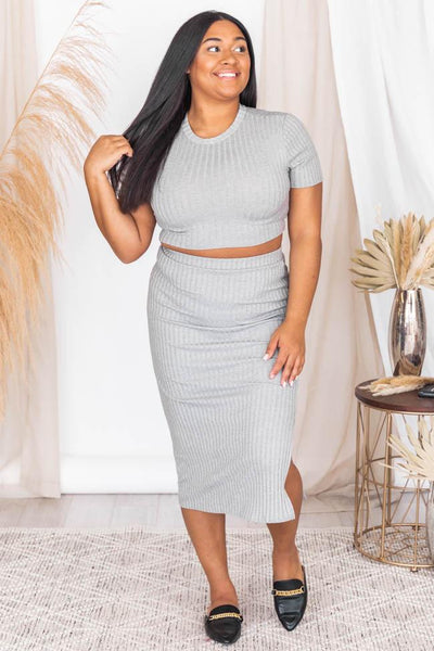 Midnight Visitor Grey Rib Knit Midi Skirt