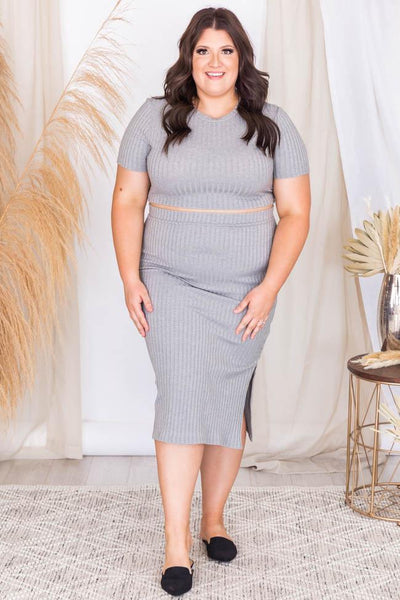 Midnight Visitor Grey Rib Knit Midi Skirt