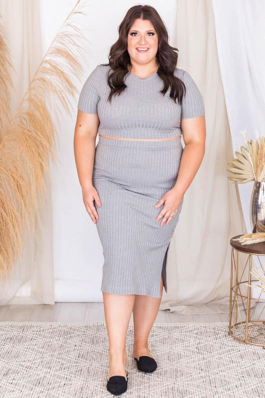 Midnight Visitor Grey Rib Knit Midi Skirt