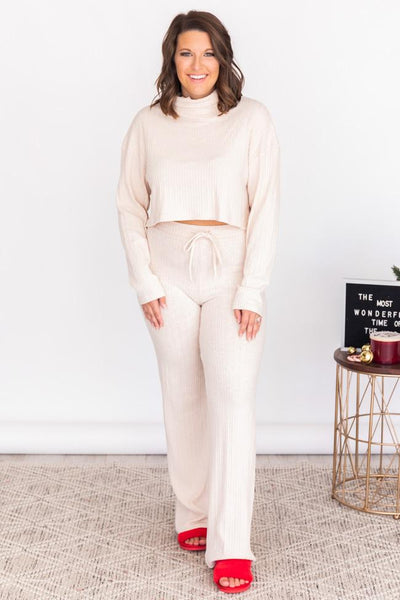 Late Goodbye Beige Ribbed Cowl Neck Lounge Top PRE-ORDER