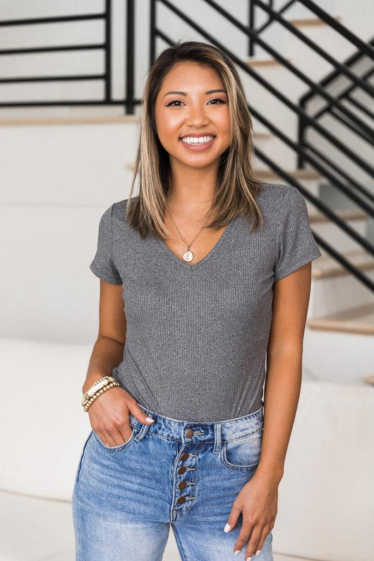 Helplessly Yours Charcoal Ribbed V-Neck Bodysuit