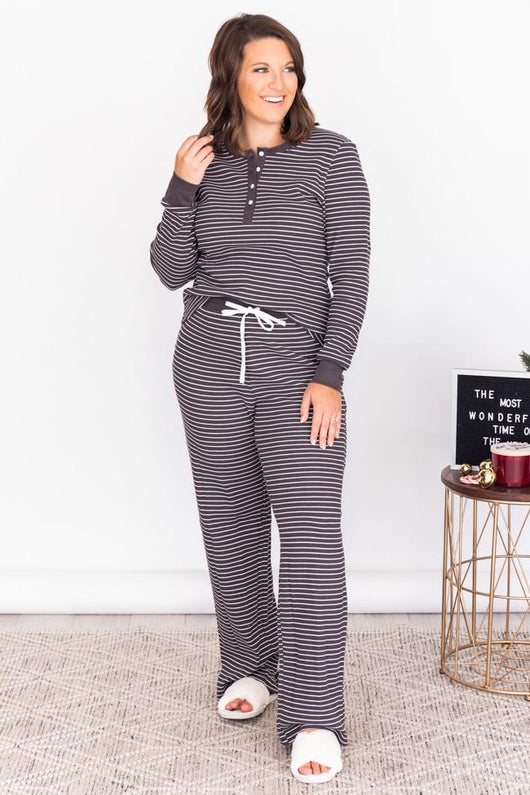 Sleepless Night Charcoal Ribbed Striped Henley Lounge Top