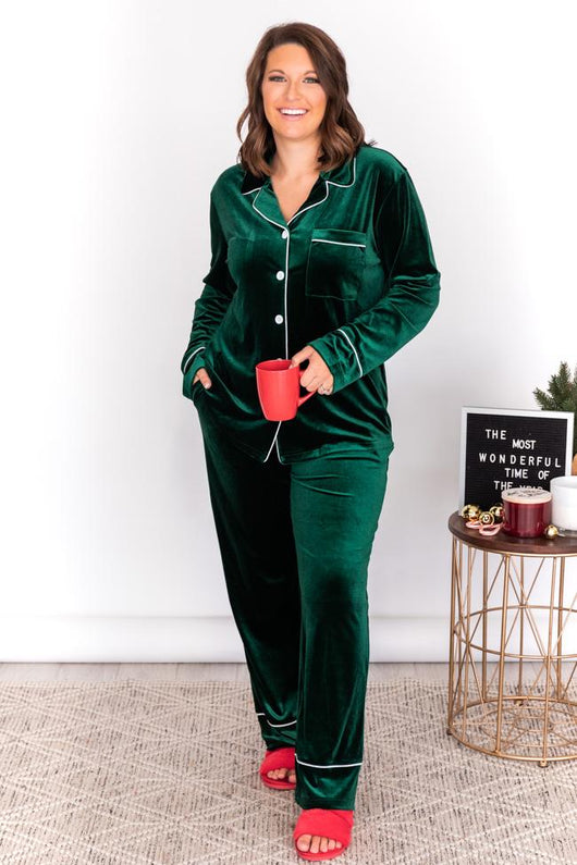 Asking Again Green Velvet Button Front Lounge Top