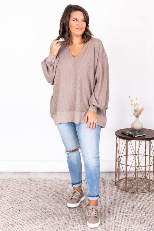 Since You've Been Gone Taupe Waffle Knit V-Neck Sweater