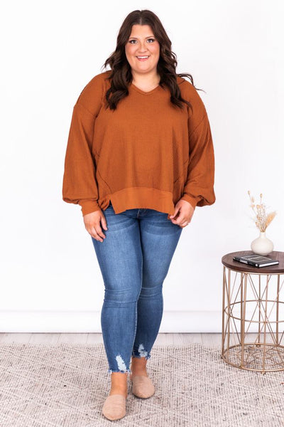 Since You've Been Gone Rust Waffle Knit V-Neck Sweater