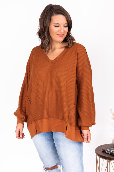 Since You've Been Gone Rust Waffle Knit V-Neck Sweater